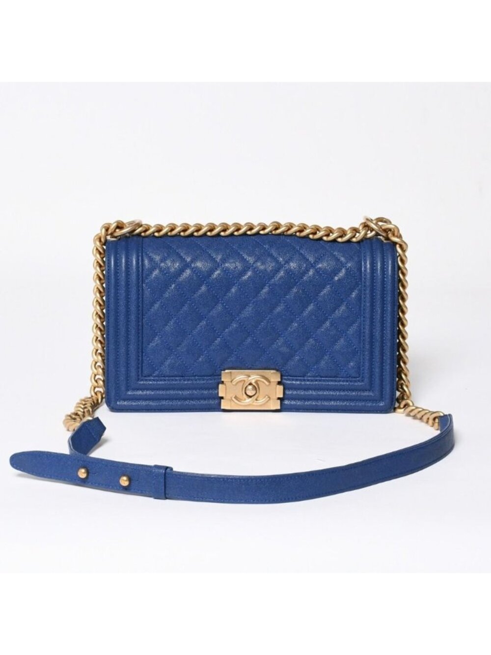 Chanel Boy Chain Shoulder Bag Blue Caviar Leather Gold
